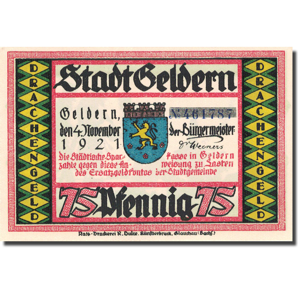 Banknote, Germany, Geldern, 75 Pfennig, personnage 5, 1921 UNC(63) Mehl 416.1