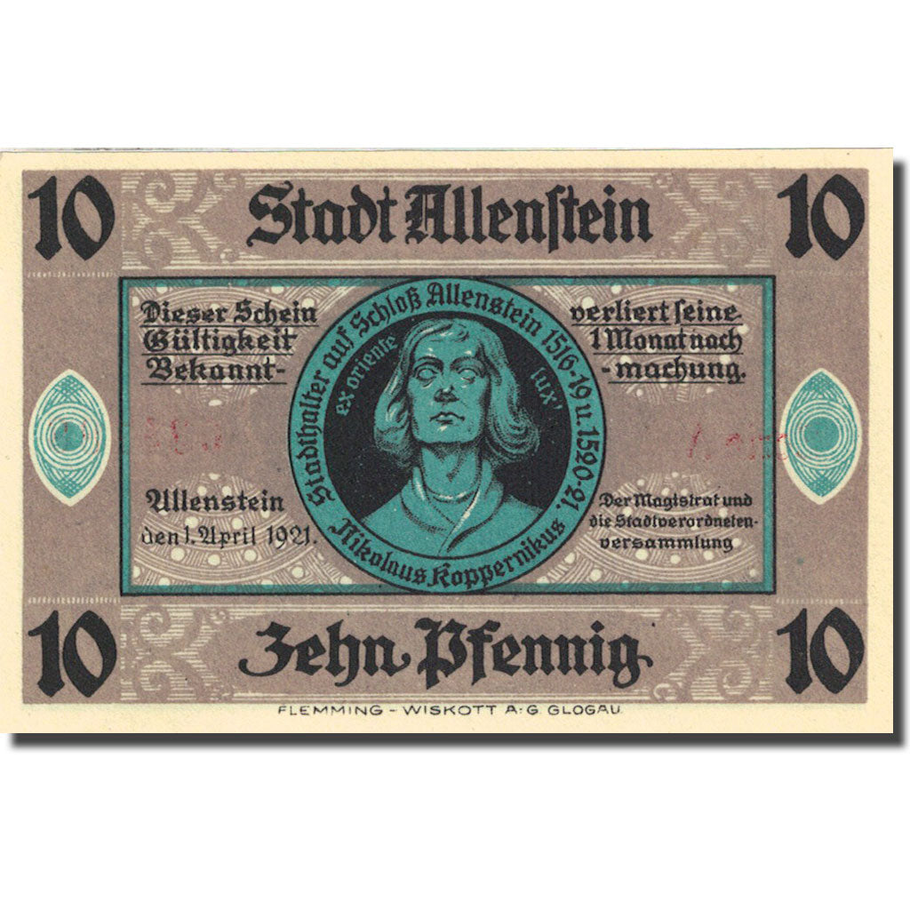 Banknote, Germany, Allenstein, 10 Pfennig, personnage, 1921 UNC (63) Mehl 13.1