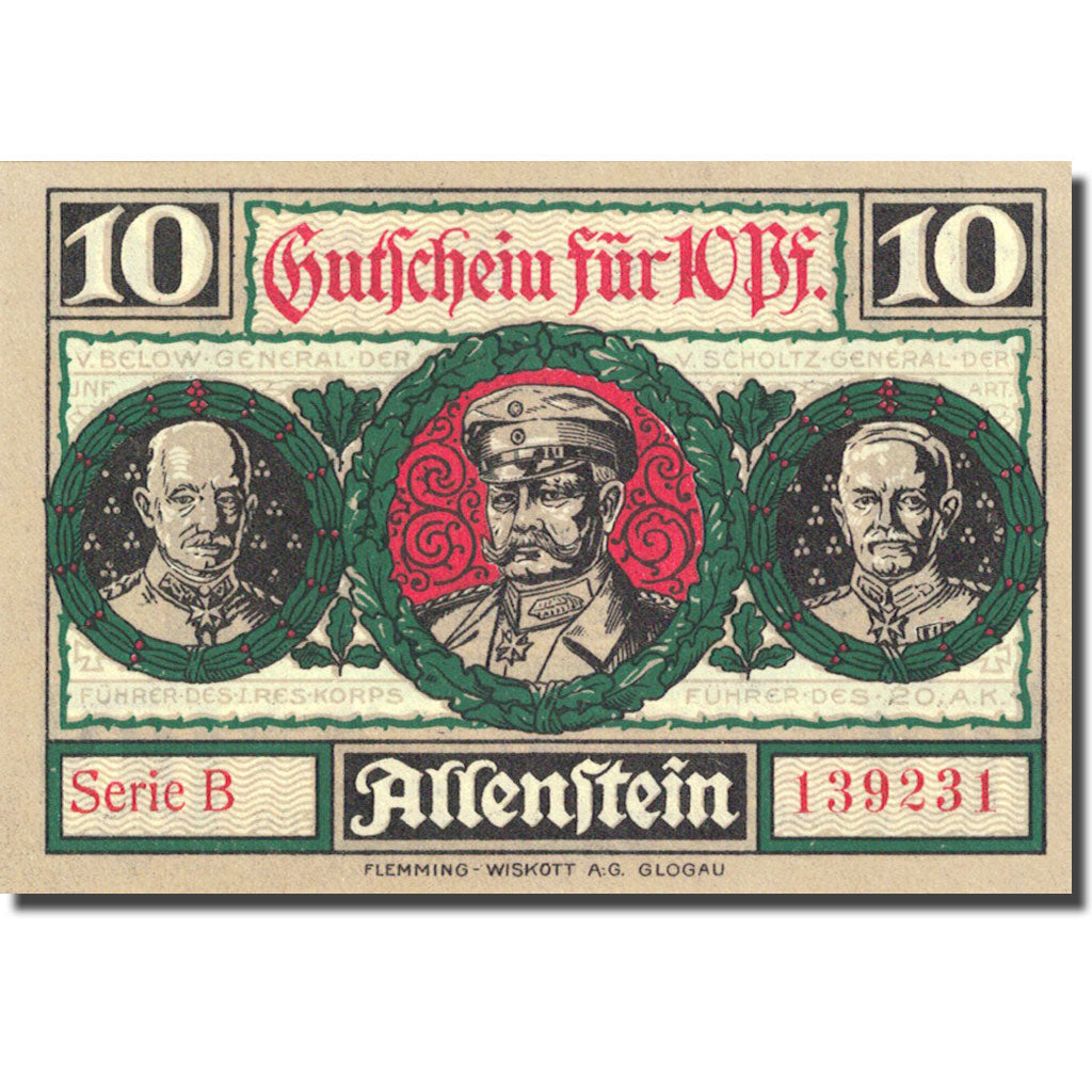 Banknote, Germany, Allenstein, 10 Pfennig, personnage 1, 1921 UNC (63) Mehl 13.2