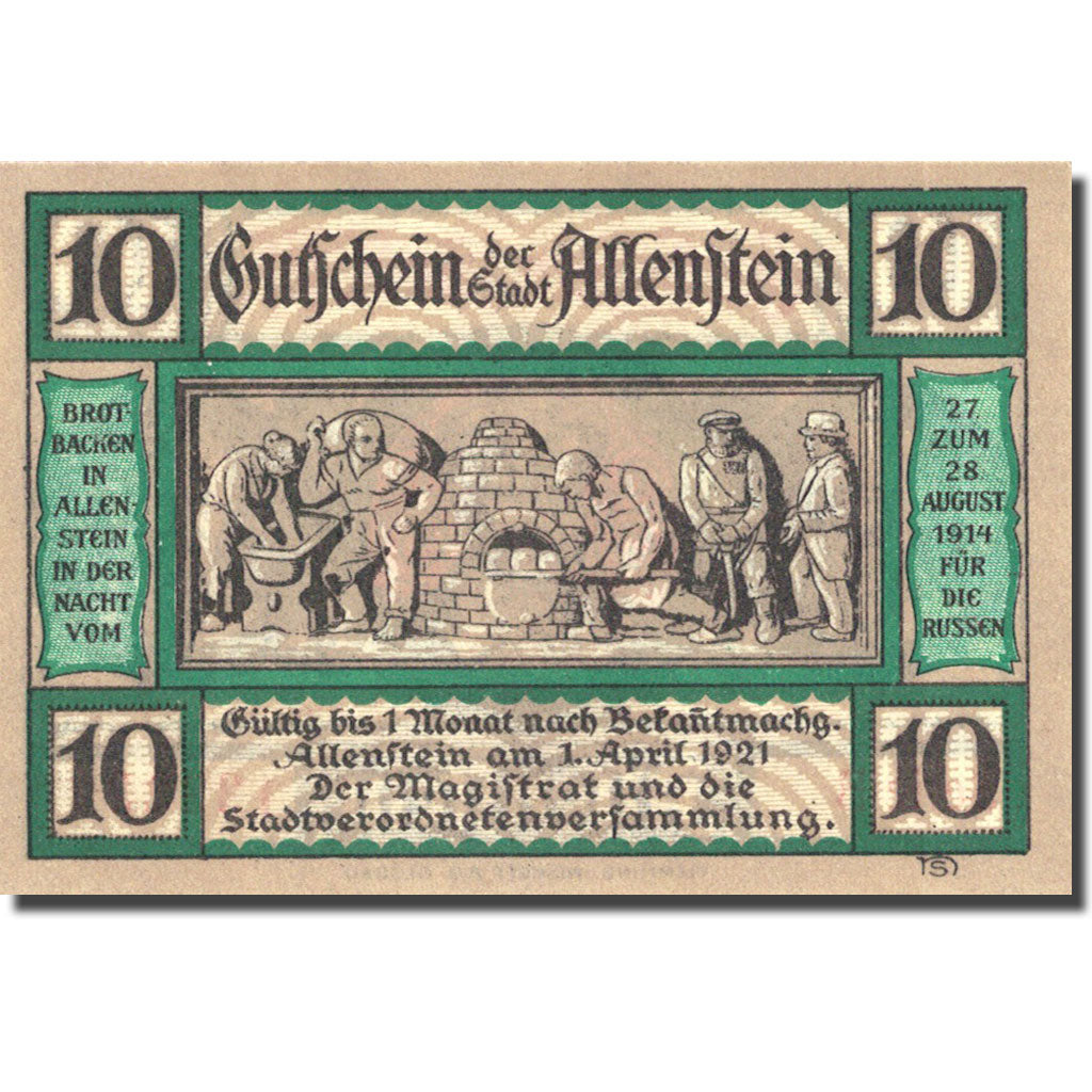 Banknote, Germany, Allenstein, 10 Pfennig, personnage 1, 1921 UNC (63) Mehl 13.2