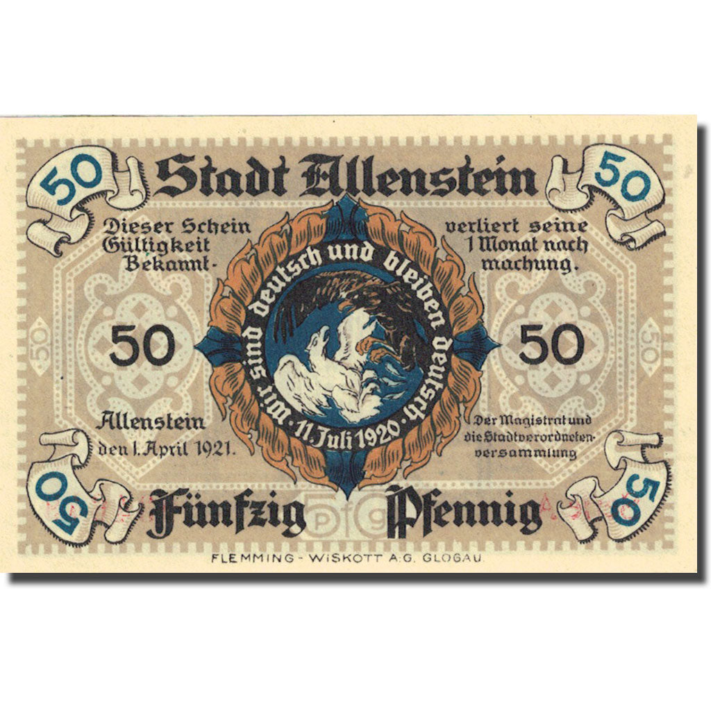 Banknote, Germany, Allenstein, 50 Pfennig, château 1921-04-01 UNC(63) Mehl 13.1