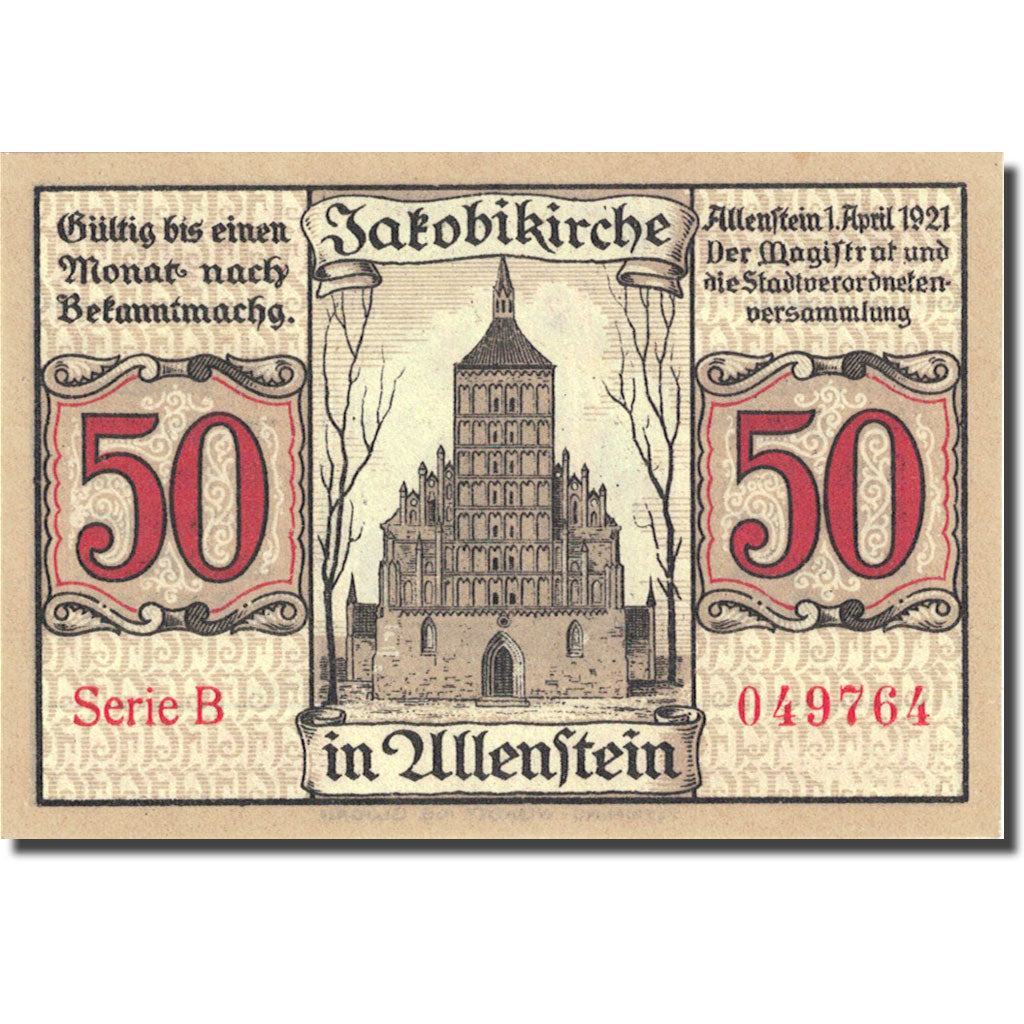 Banknote, Germany, Allenstein, 50 Pfennig, personnage 1921 UNC(63) Mehl 13.2