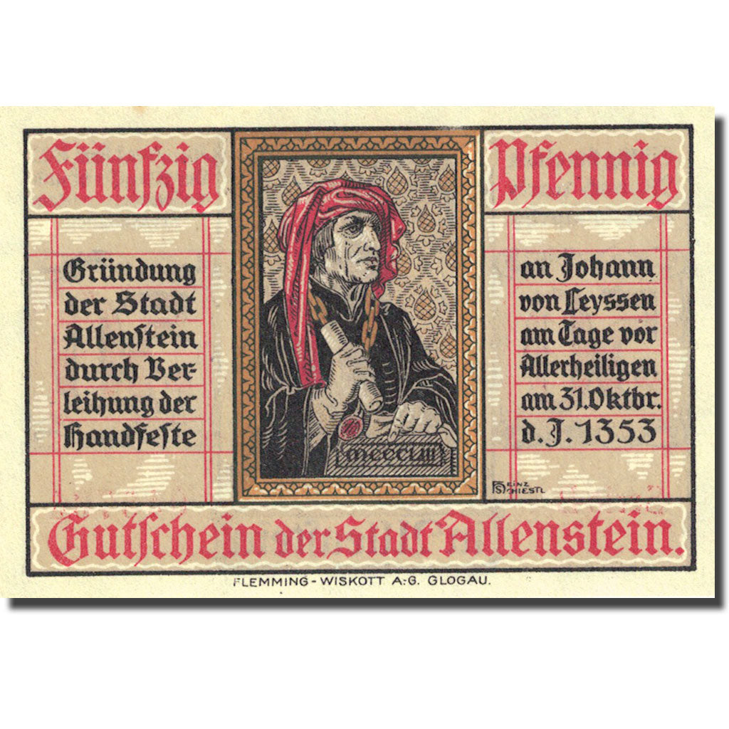 Banknote, Germany, Allenstein, 50 Pfennig, personnage 1921 UNC(63) Mehl 13.2