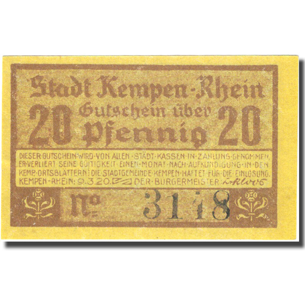 Banconote, Germania, Kempen, 20 Pfennig, chateau 1, 1920, yellow SPL Mehl 689.1
