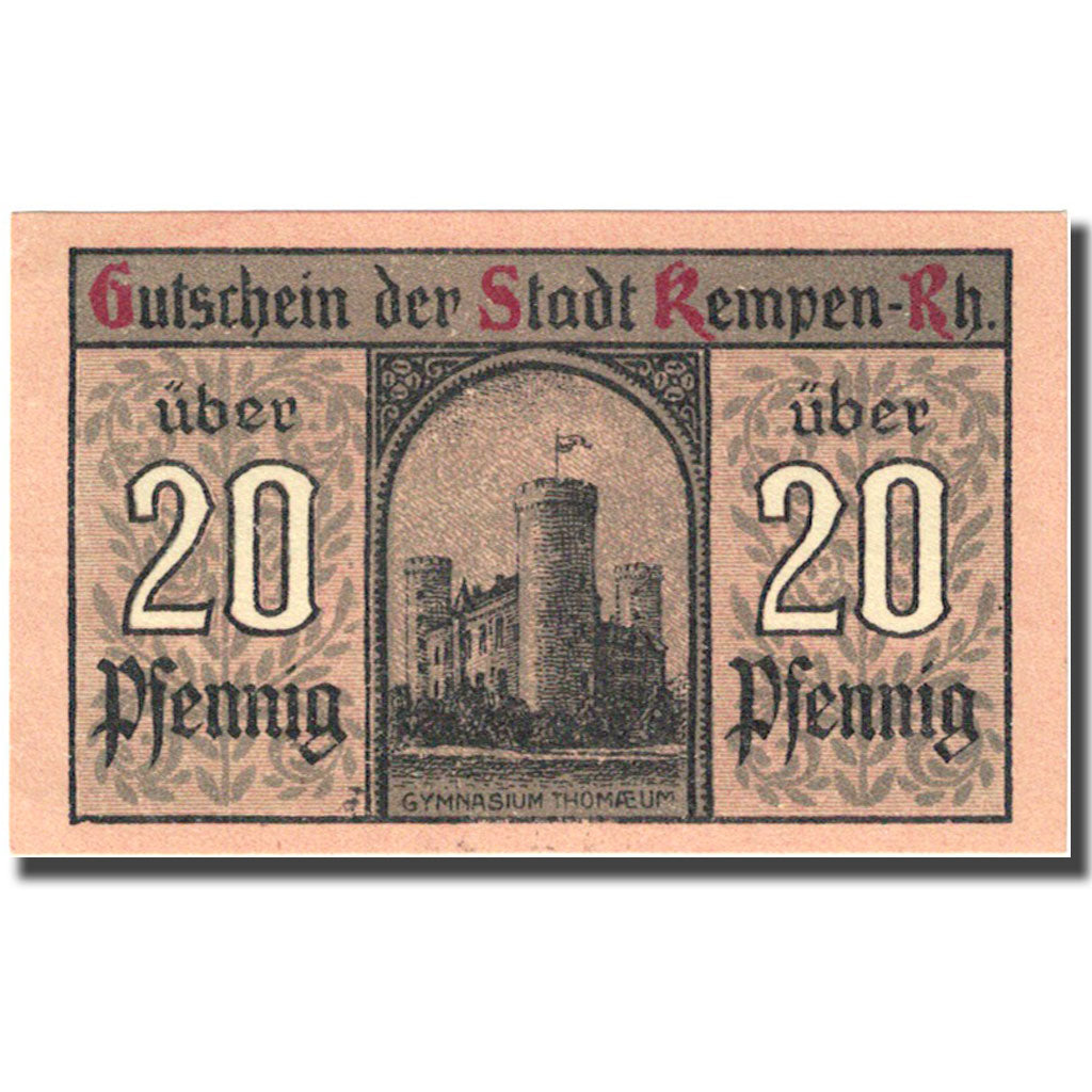 Banknote, Germany, Kempen, 20 Pfennig, château 2, 1920 pink UNC(63) Mehl 689.1