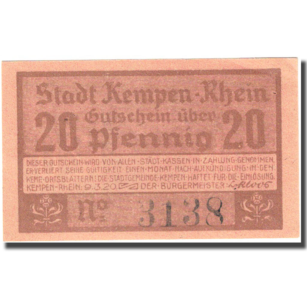 Banknote, Germany, Kempen, 20 Pfennig, château 2, 1920 pink UNC(63) Mehl 689.1