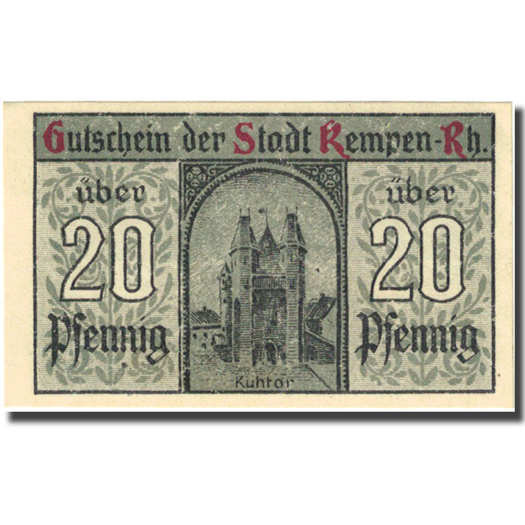 Banknote, Germany, Kempen, 20 Pfennig, château 3, 1920 white UNC(63) Mehl 689.1
