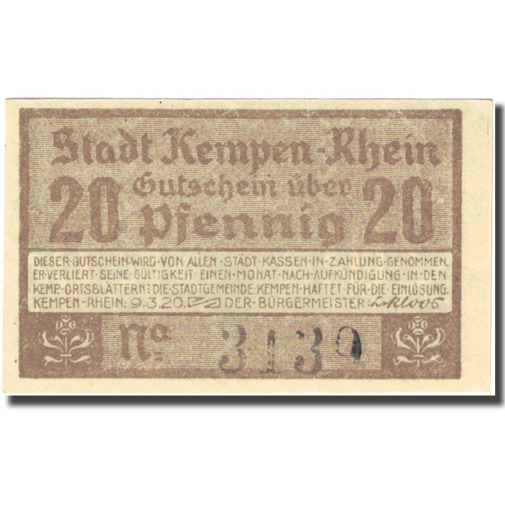 Banknote, Germany, Kempen, 20 Pfennig, château 3, 1920 white UNC(63) Mehl 689.1