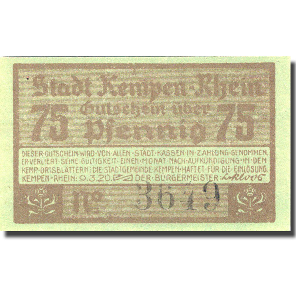 Banknote, Germany, Kempen, 75 Pfennig, château 3, 1920 green UNC(63) Mehl 689.1
