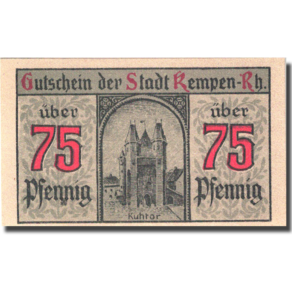 Banknote, Germany, Kempen, 75 Pfennig, château 5, 1920 purple UNC(63) Mehl 689.1