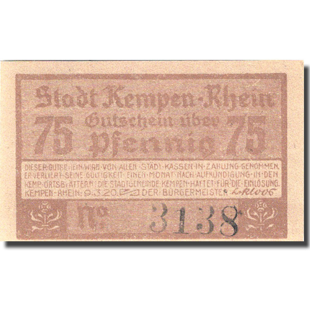 Banknote, Germany, Kempen, 75 Pfennig, château 5, 1920 purple UNC(63) Mehl 689.1