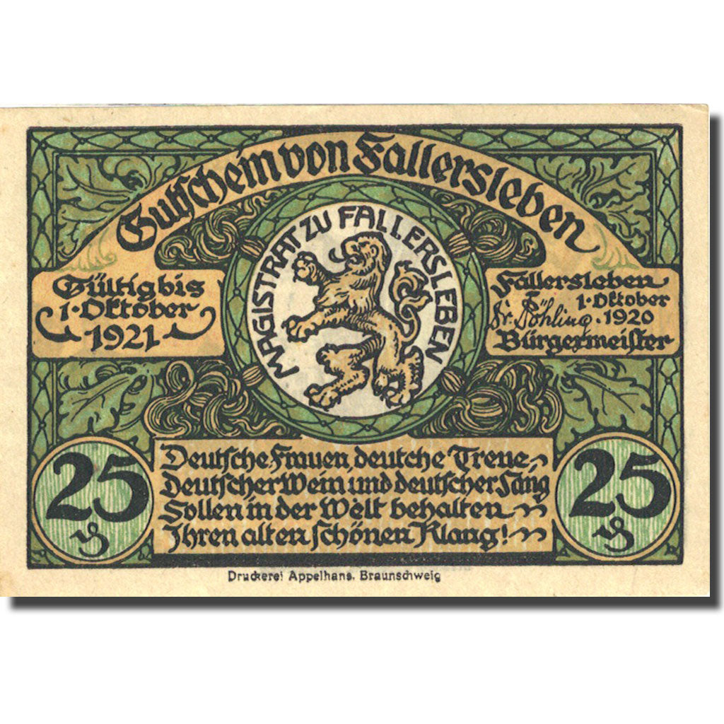 Banconote, Germania, Fallersleben, 25 Pfennig, personnage, 1921 SPL Mehl 360.1