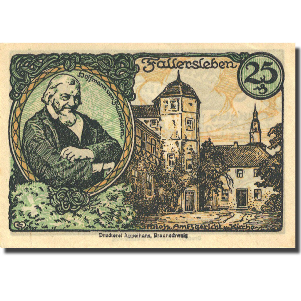 Banconote, Germania, Fallersleben, 25 Pfennig, personnage, 1921 SPL Mehl 360.1