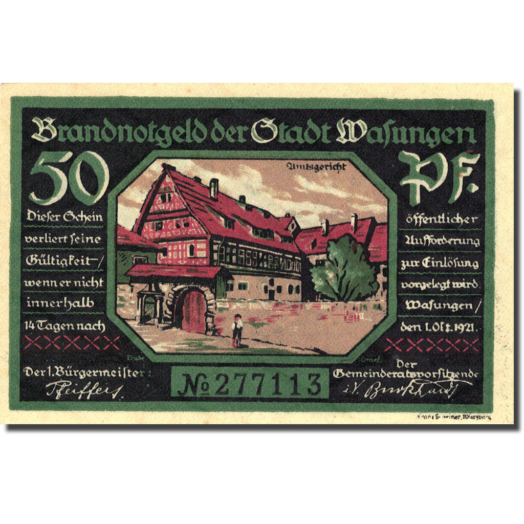 Banknote, Germany Wasungen 50 Pfennig Incendie 1, 1921-10-01 UNC(63) Mehl 1384.1