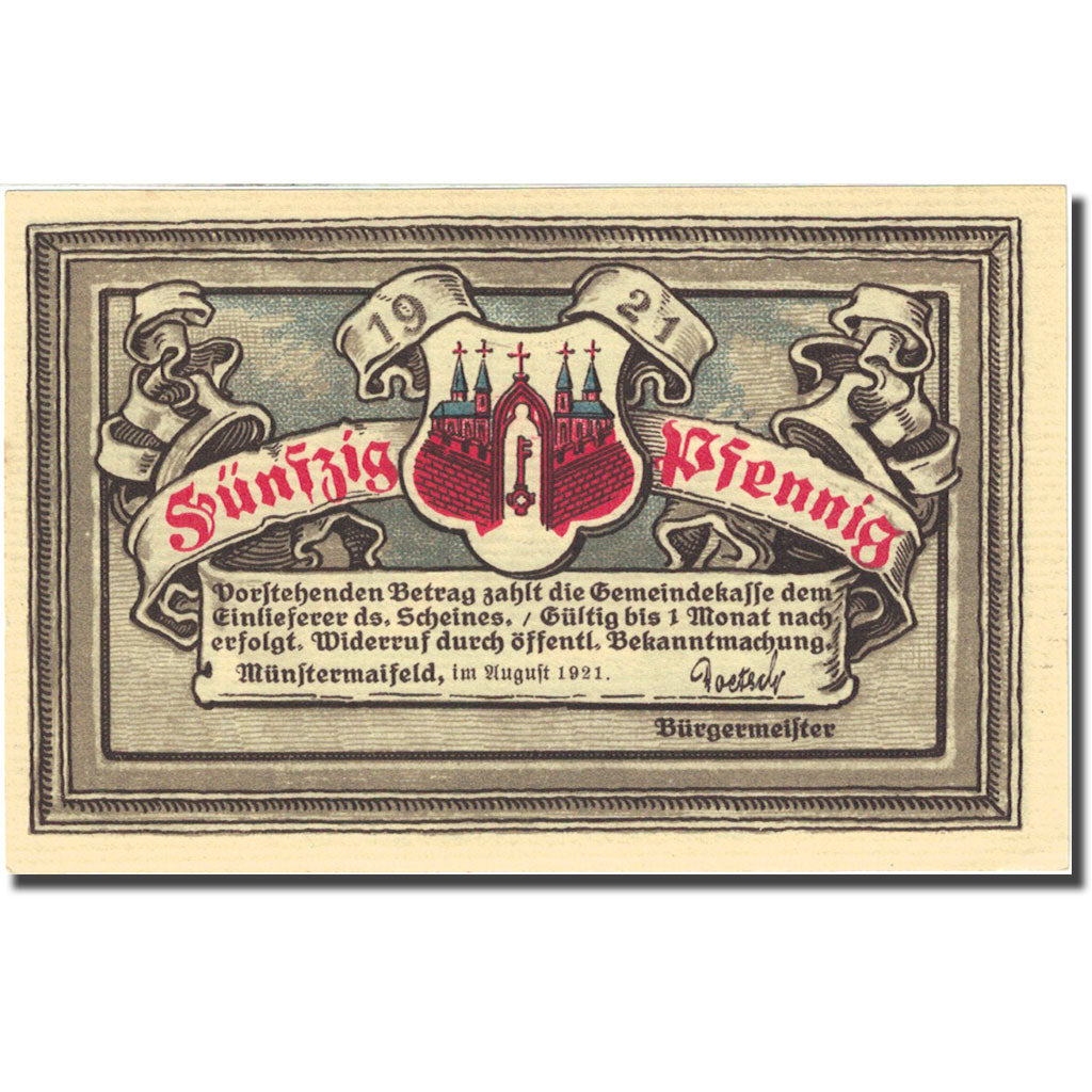 Banknote, Germany, Münstermaifeld, 50 Pfennig, village, 1921, UNC(63) Mehl 919.1