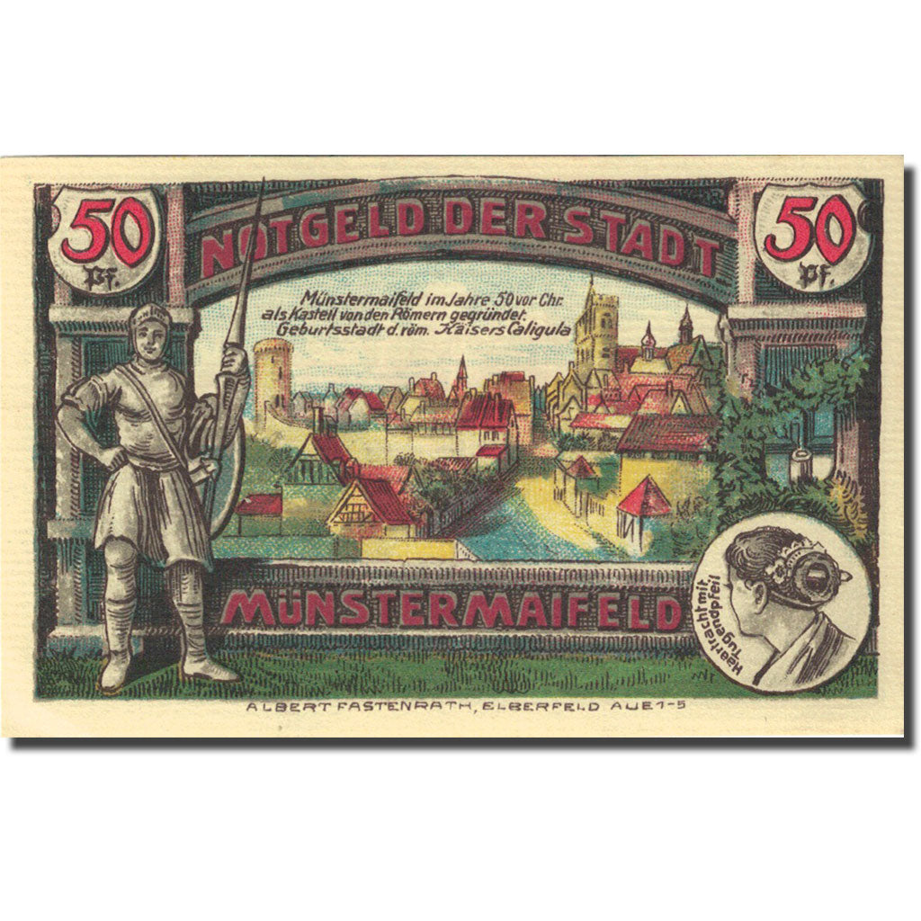 Banknote, Germany, Münstermaifeld, 50 Pfennig, village, 1921, UNC(63) Mehl 919.1