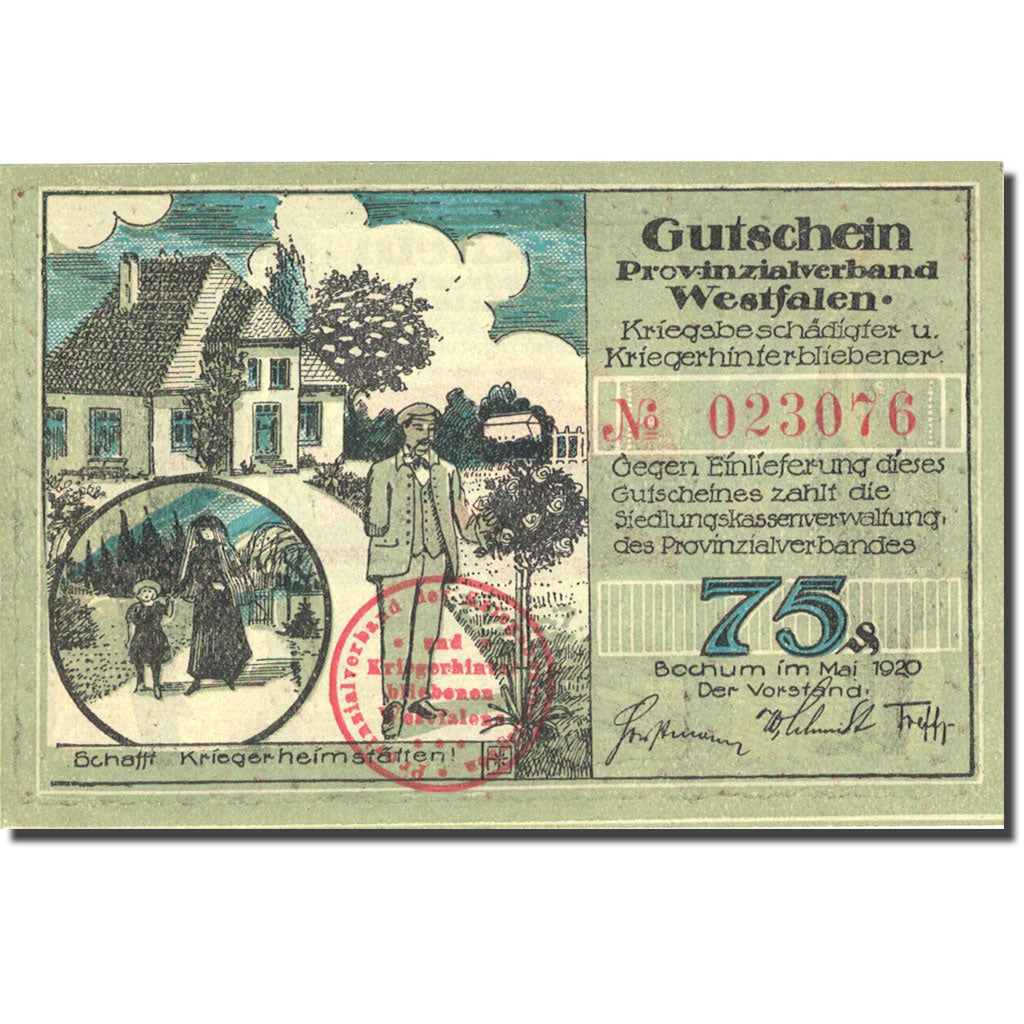 Banknote, Germany, Bochum, 75 Pfennig, personnage, 1920, UNC(63), Mehl:128.1a