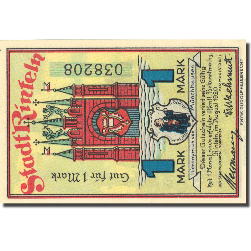 Banknote, Germany, Rinteln, 1 Mark, château, 1920, UNC(63), Mehl:1125.1b