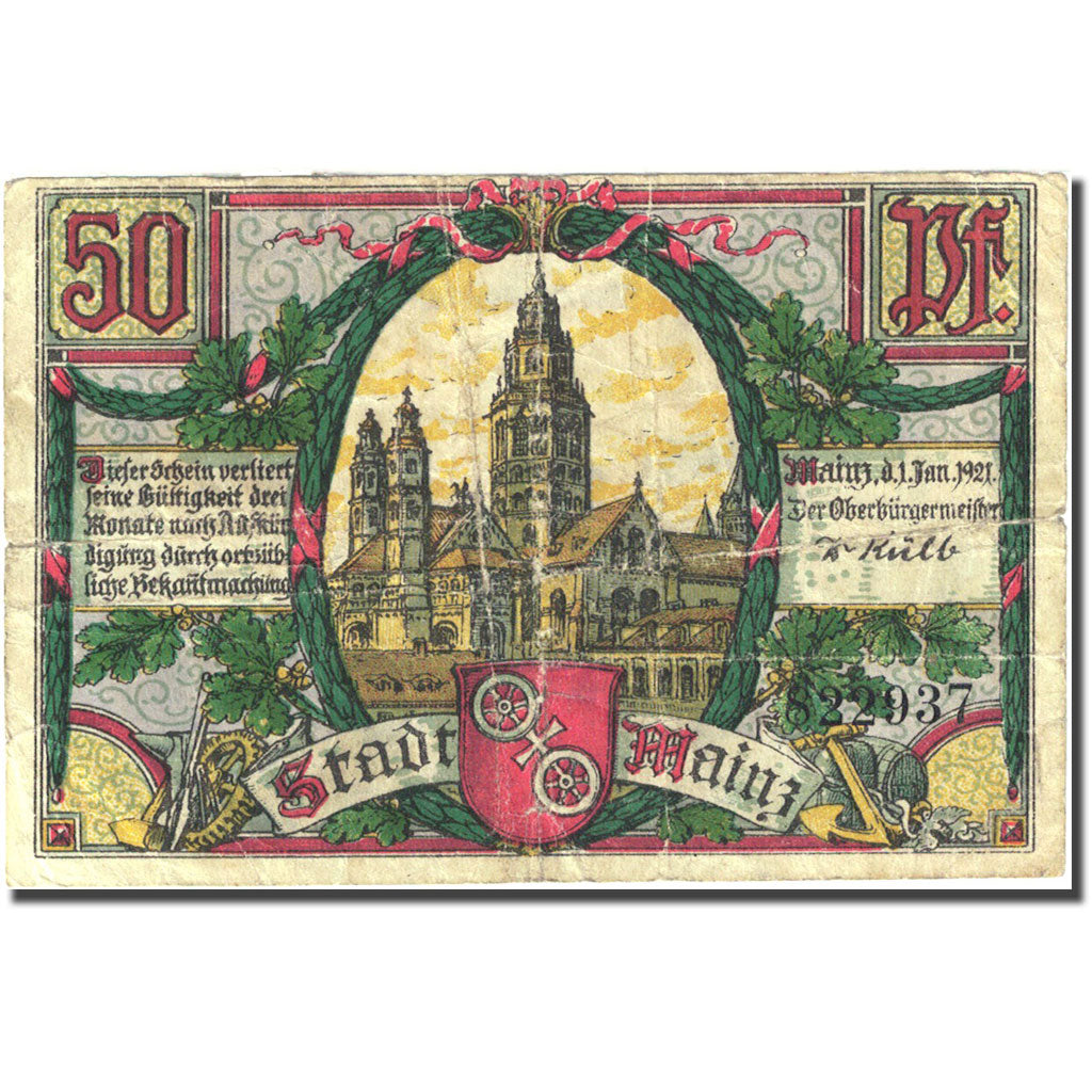 Banknote, Germany, Mainz, 50 Pfennig, Monument 1921-01-01, VG(8-10) Mehl 860.1a