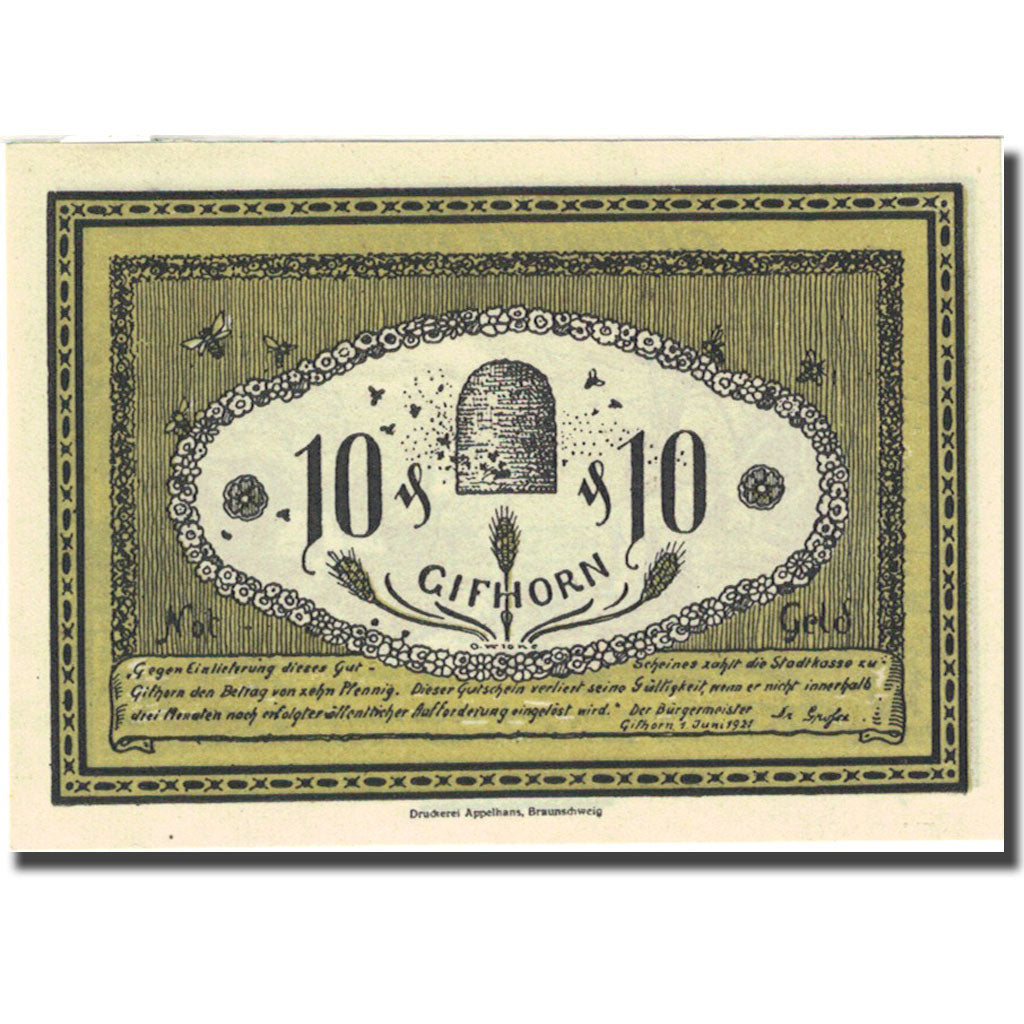 Geldschein, Deutschland, Gifhorn, 10 Pfennig, personnage 1, 1921 UNZ- Mehl 428.1