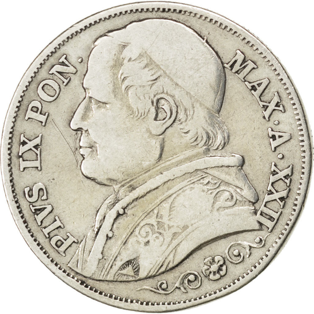 ITALIAN STATES, 2 Lire, 1867, Roma, KM #1379.2, VF(30-35), Silver, 9.76