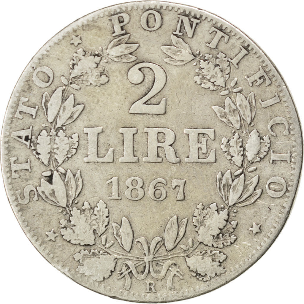 ITALIAN STATES, 2 Lire, 1867, Roma, KM #1379.2, VF(30-35), Silver, 9.76