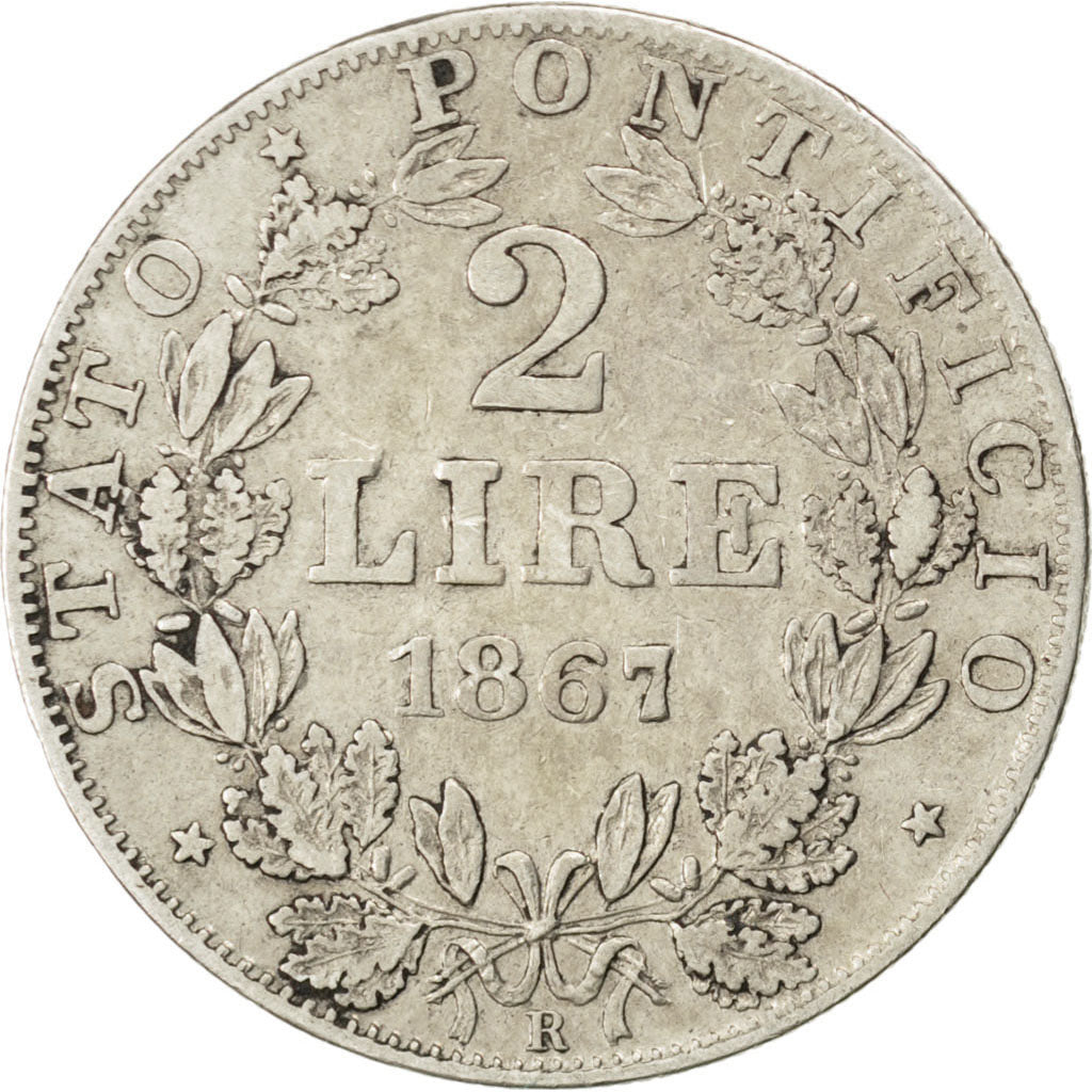 Moneda, Estados italianos, PAPAL STATES, Pius IX, 2 Lire, 1867, Roma, MBC