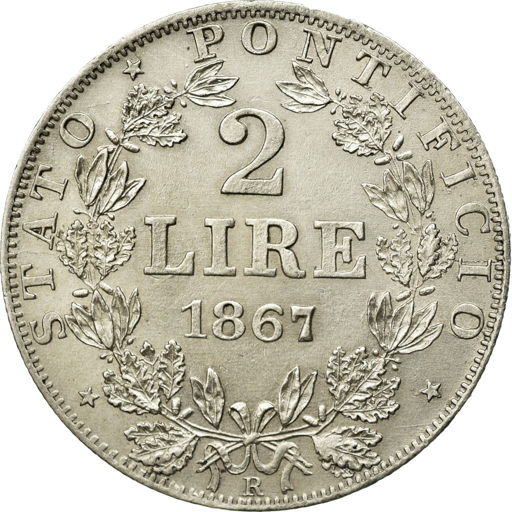 Coin, ITALIAN STATES, PAPAL STATES, Pius IX, 2 Lire, 1867, Roma, AU(55-58)