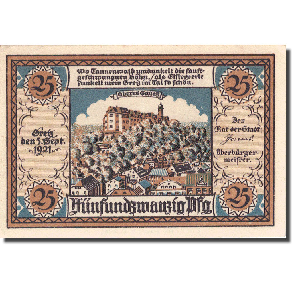 Banknote, Germany, Greiz, 25 Pfennig, château 1921-09-05 UNC(63) Mehl 471.2