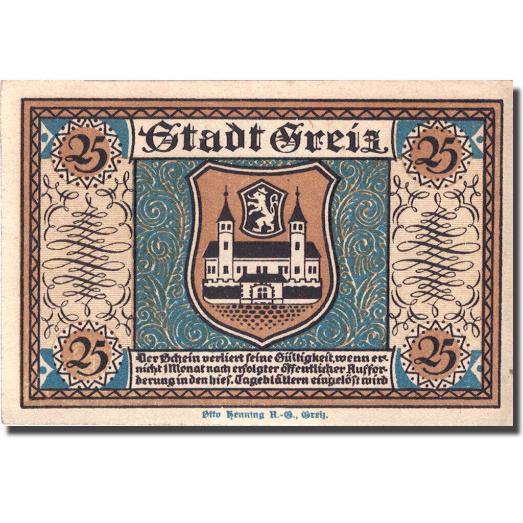 Banknote, Germany, Greiz, 25 Pfennig, château 1921-09-05 UNC(63) Mehl 471.2