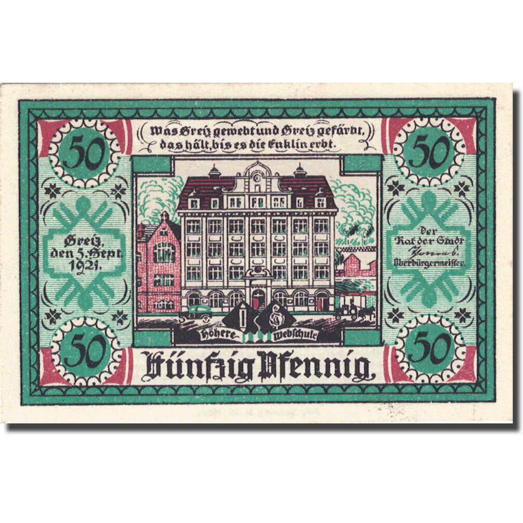 Banknote, Germany, Greiz, 50 Pfennig, château 1, 1921-09-05 UNC(63) Mehl 471.2