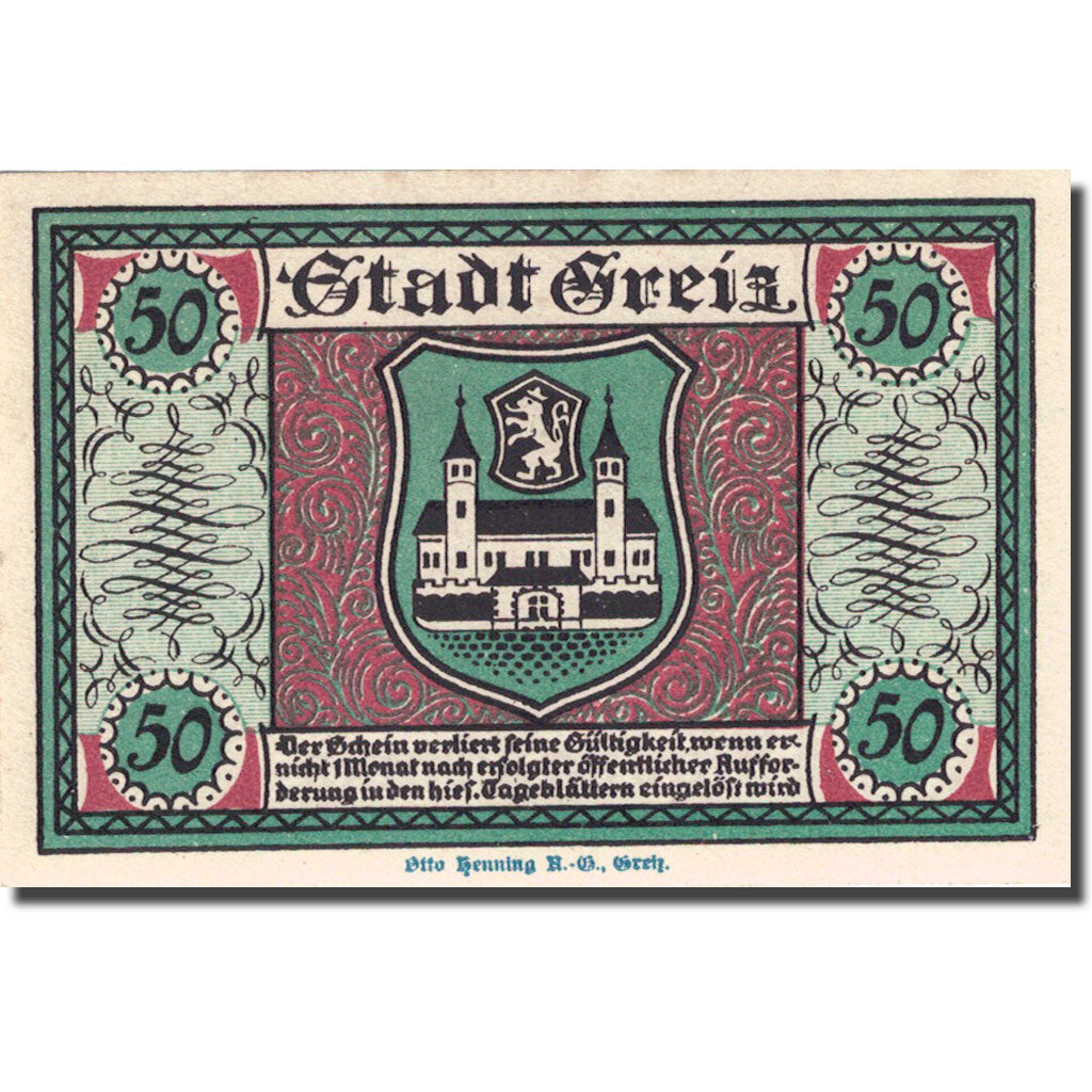Banknote, Germany, Greiz, 50 Pfennig, château 1, 1921-09-05 UNC(63) Mehl 471.2