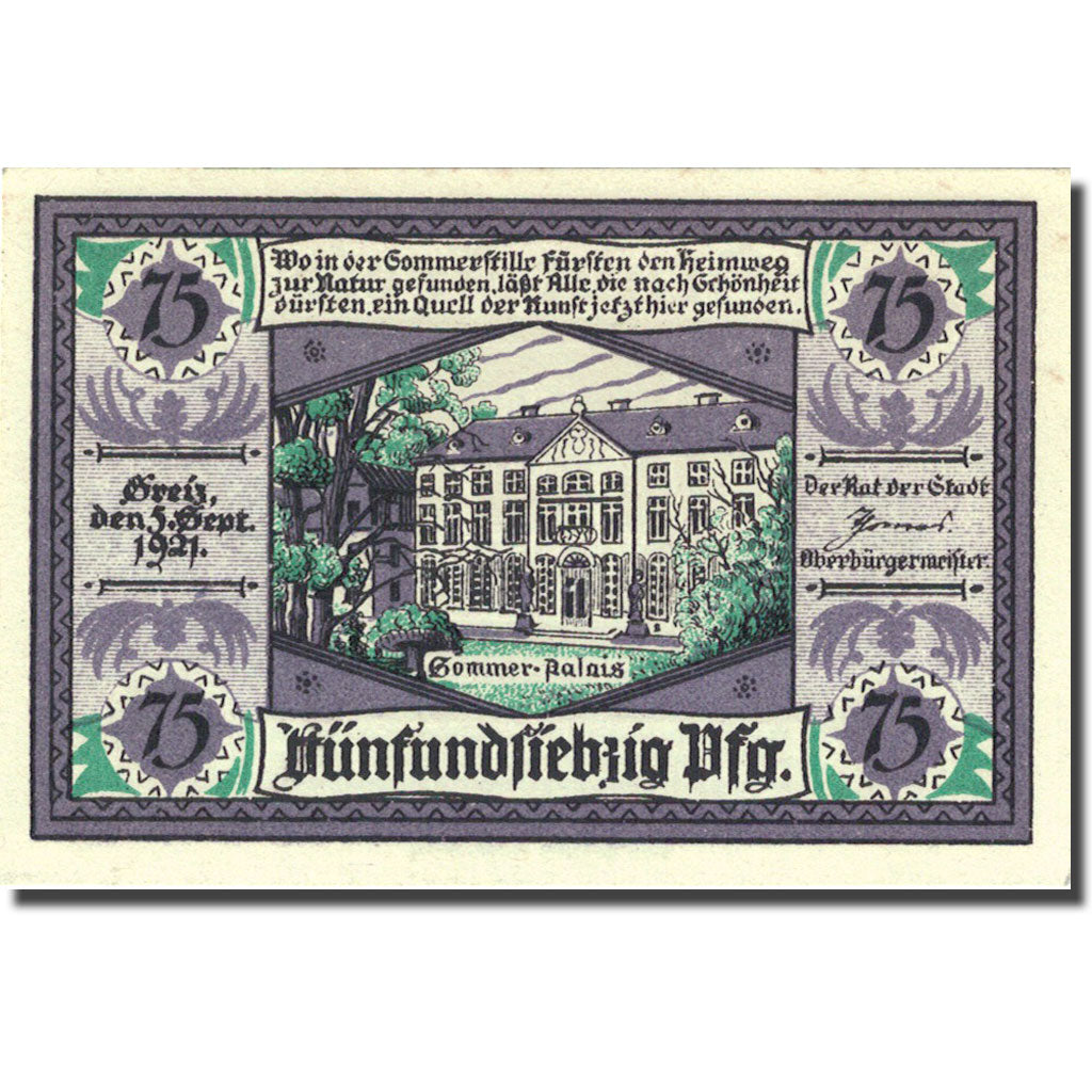 Banknote, Germany, Greiz, 75 Pfennig, château 2, 1921-09-05 UNC(63) Mehl 471.2