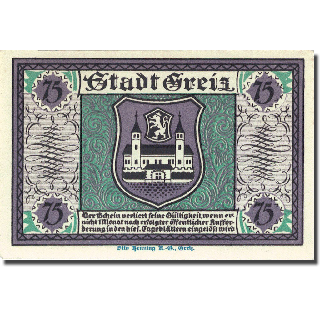 Banknote, Germany, Greiz, 75 Pfennig, château 2, 1921-09-05 UNC(63) Mehl 471.2