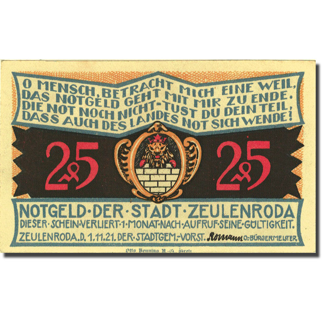 Banconote, Germania, Zeulenroda, 25 Pfennig, paysage, 1921 SPL Mehl 1470.1