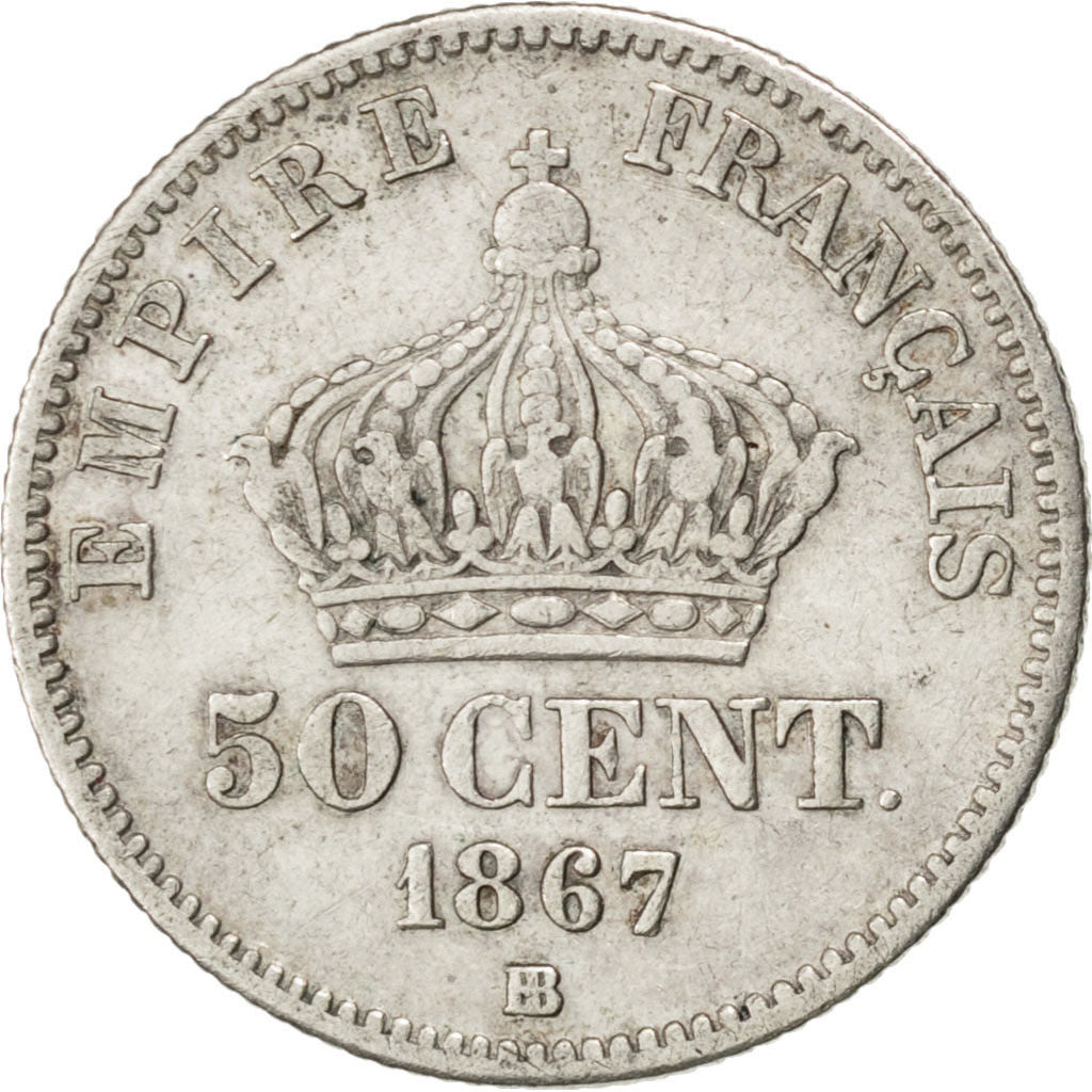 FRANCE, Napoléon III, 50 Centimes, 1867, Strasbourg, KM #814.2, EF(40-45), S...