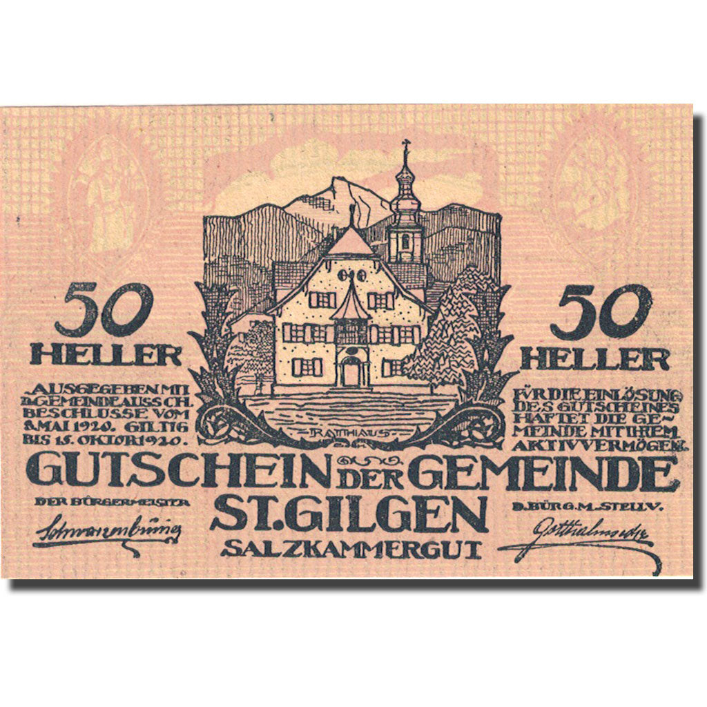 Banknote, Austria, Sankt Gilgen, 50 Heller, église 3, 1920, 1920-10-15, UNC(63)