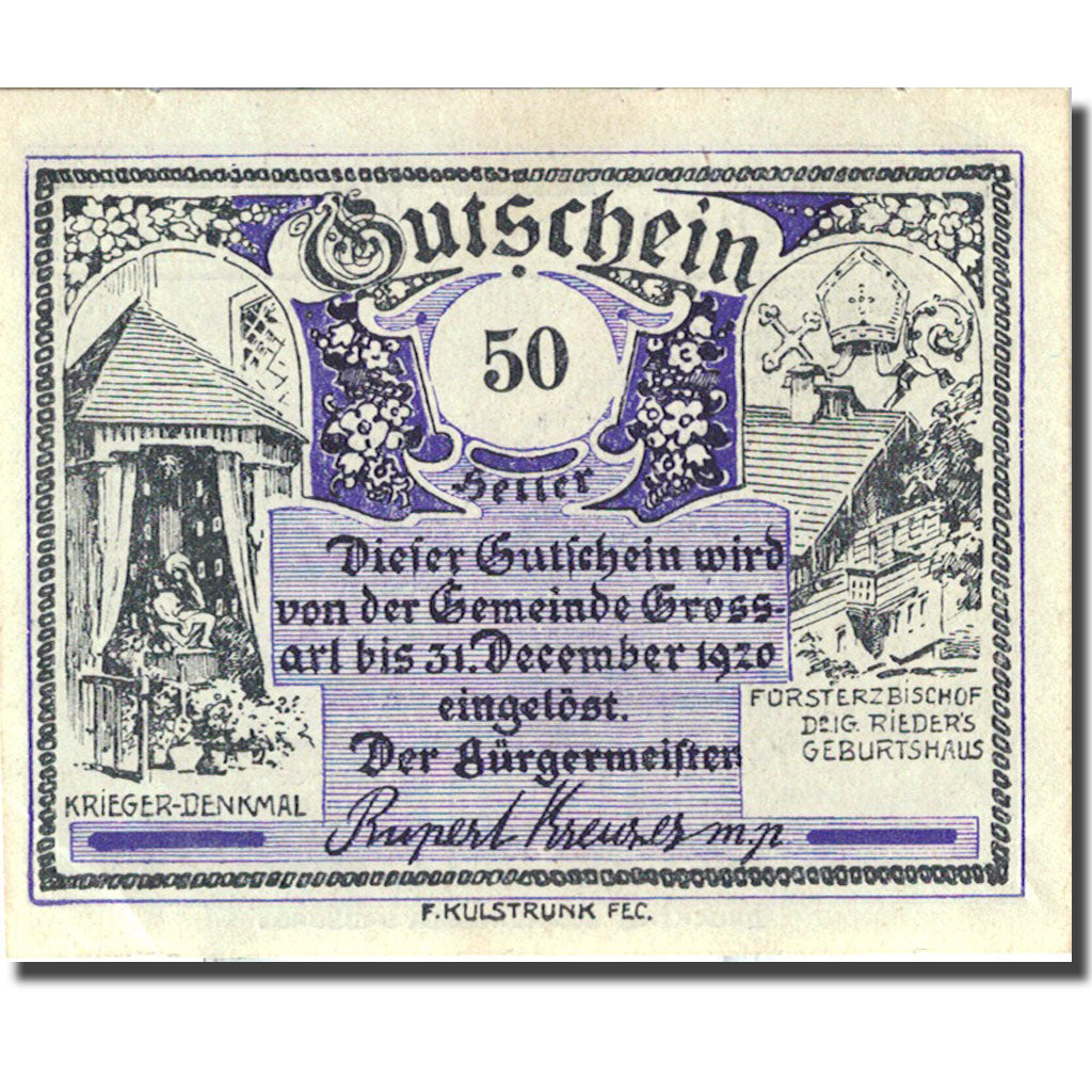 Banknote, Austria Grossarl 50 Heller montagne 1, 1920, 1920-12-31 purple UNC(63)