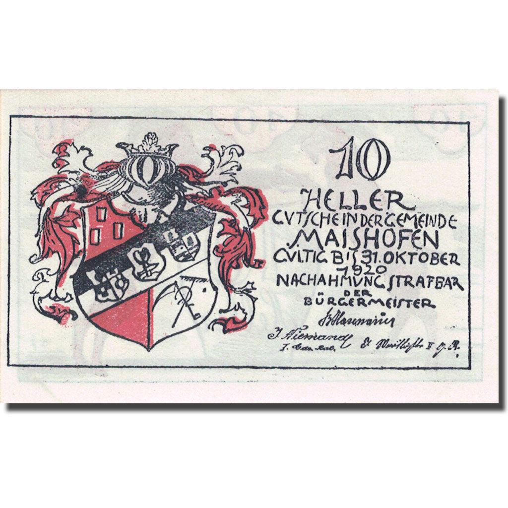 Banknote, Austria, Maishofen, 10 Heller, Animaux, 1920, 1920-10-31, UNC(63)
