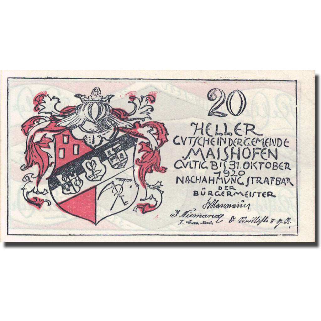 Banknote, Austria, Maishofen, 20 Heller, animaux 1, 1920, 1920-10-31, UNC(63)