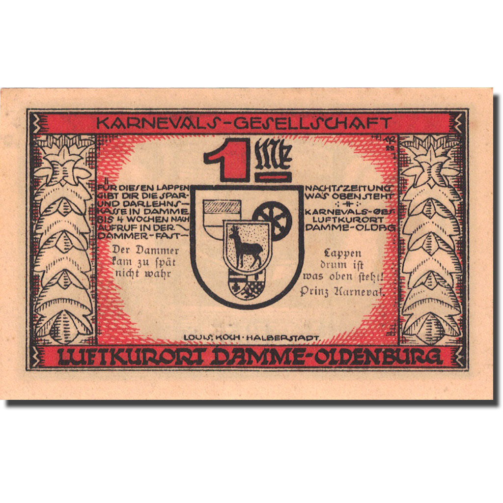 Banknote, Germany, Damme, 1 Mark, personnage, 1922, UNC(63), Mehl:255.1a