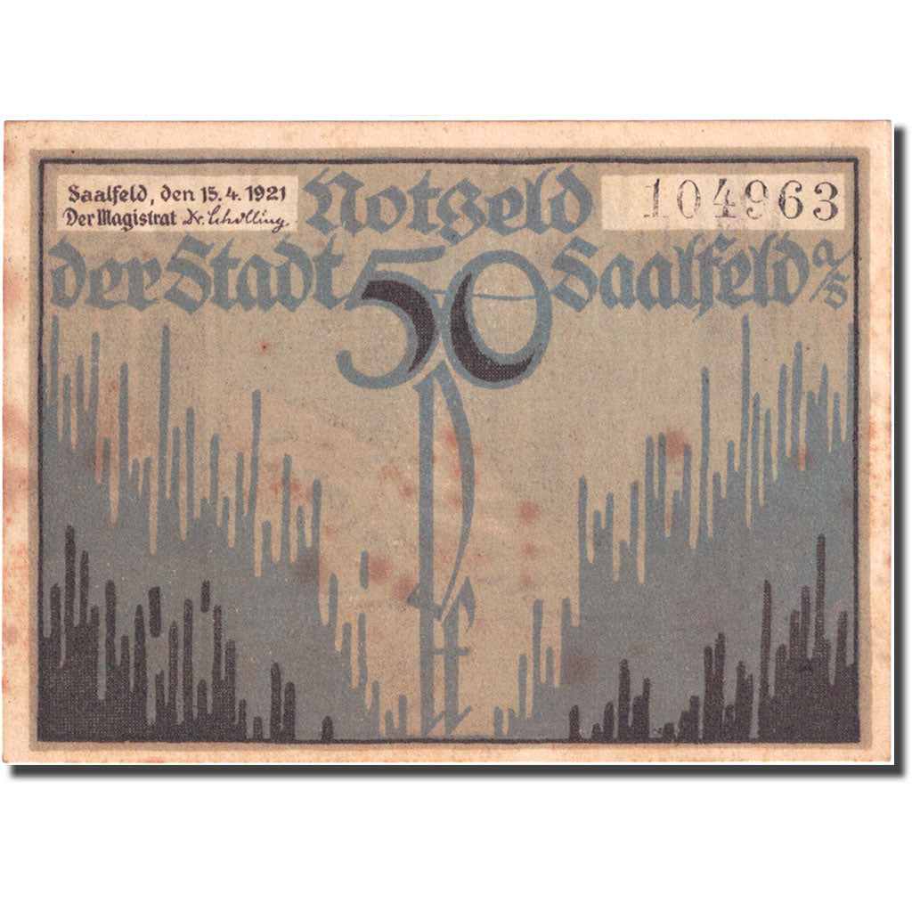 Billet, Allemagne, Saalfeld, 50 Pfennig, Grotte, 1921 bleu SUP Mehl 1155.3