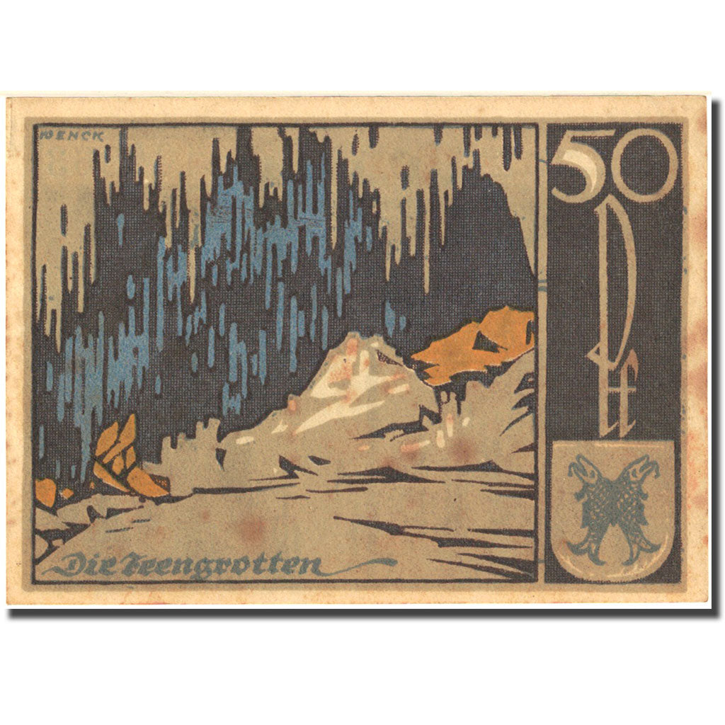 Billet, Allemagne, Saalfeld, 50 Pfennig, Grotte, 1921 bleu SUP Mehl 1155.3