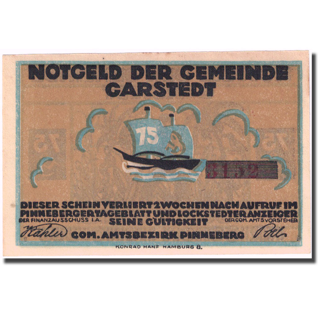 Biljet, Duitsland, Garstedt, 75 Pfennig, personnage 1, 1920, SPL, Mehl:408.1a