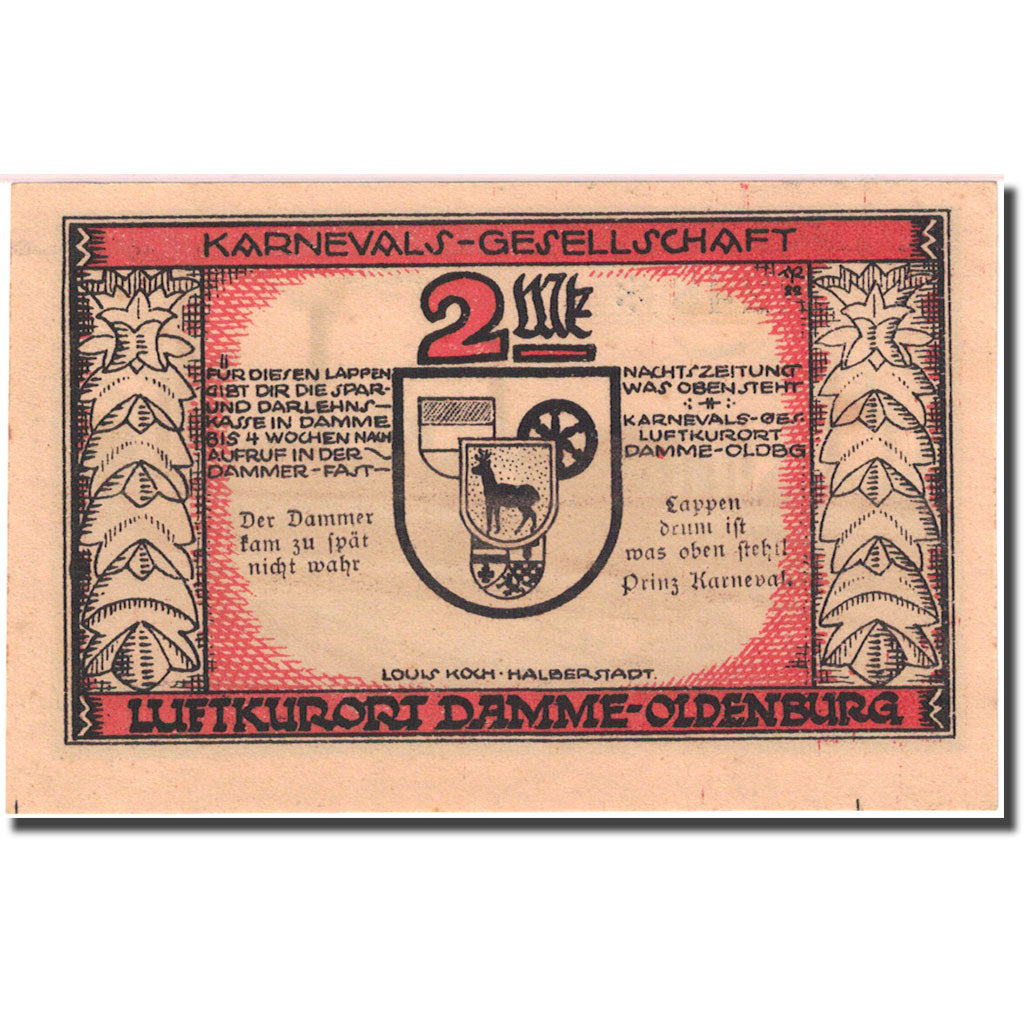 Billet, Allemagne, Damme, 2 Mark, Usine, 1922, SPL, Mehl:255.1a