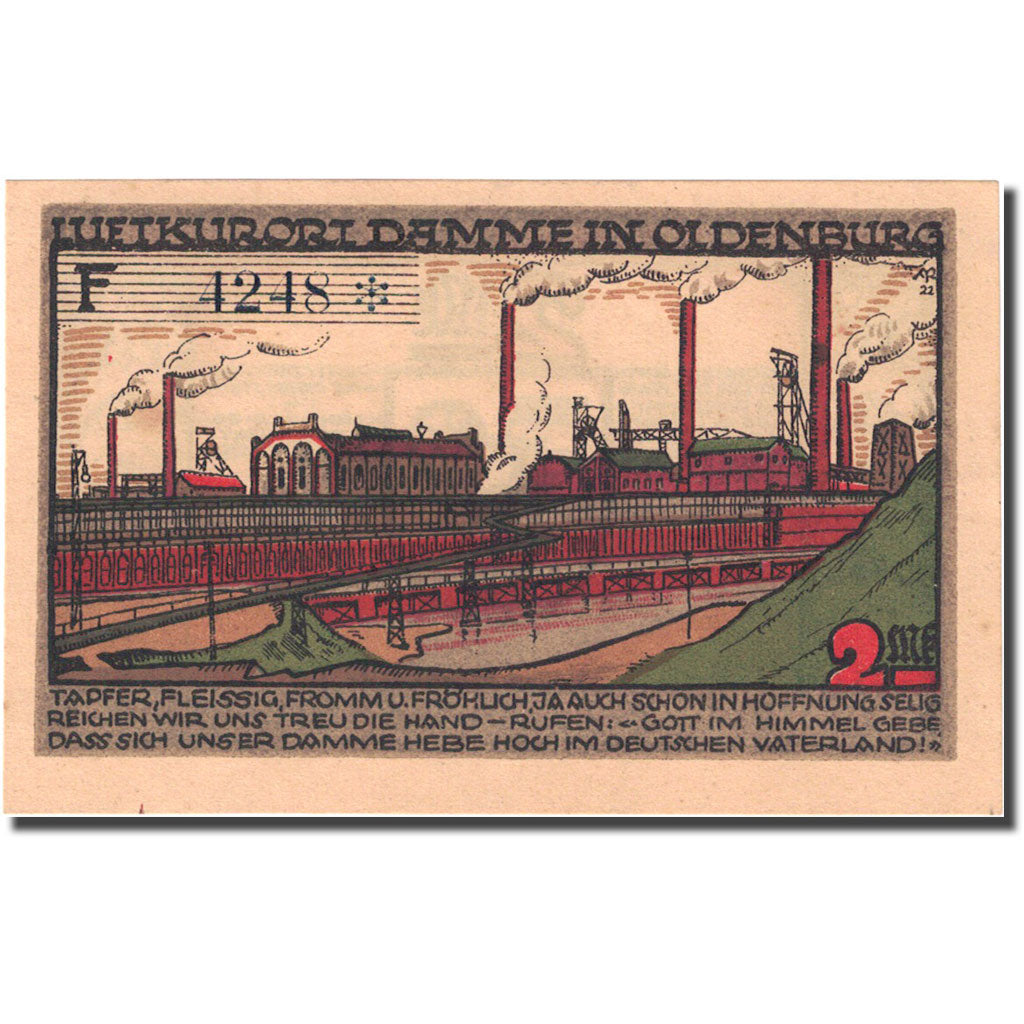 Billet, Allemagne, Damme, 2 Mark, Usine, 1922, SPL, Mehl:255.1a