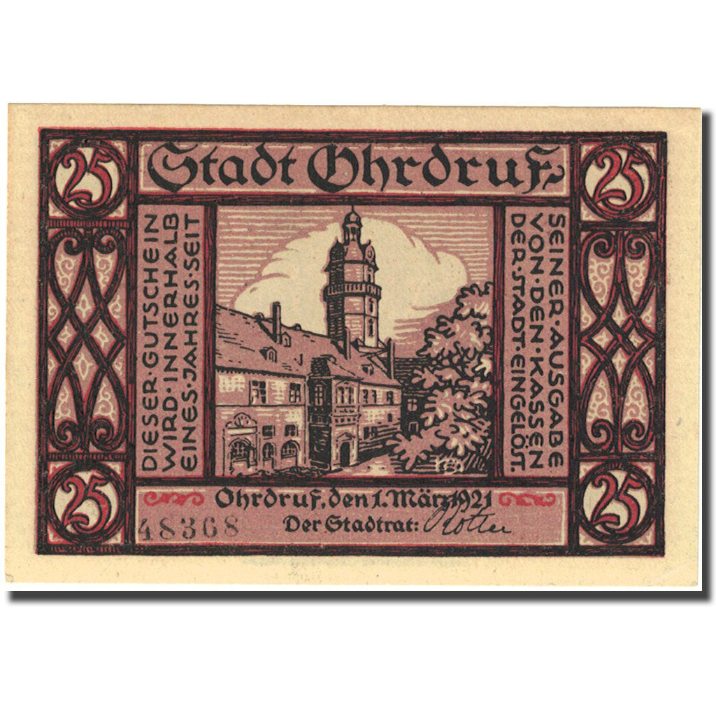 Banknote, Germany, Ohrdruf, 25 Pfennig Eglise 1, 1921-03-01 UNC(63) Mehl 1012.2b