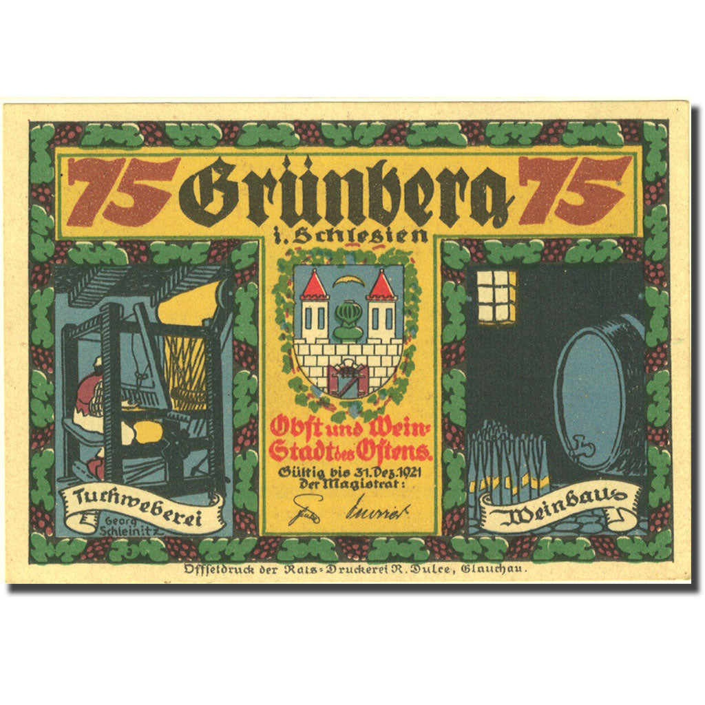 Banknote, Germany, Grünberg, 75 Pfennig personnage 1921 UNC(63) Mehl 489.2
