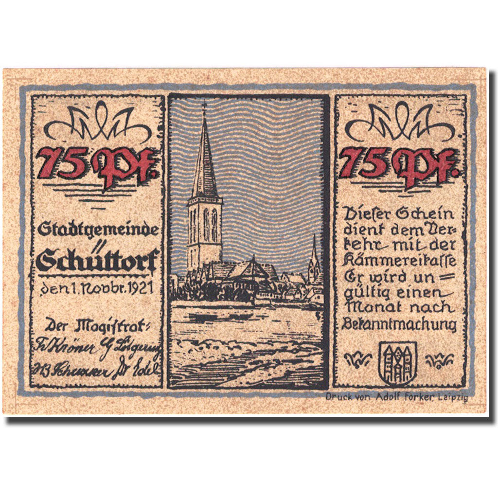 Banknote, Germany, Schüttorf, 75 Pfennig, personnage, 1921 UNC(63) Mehl 1202.1