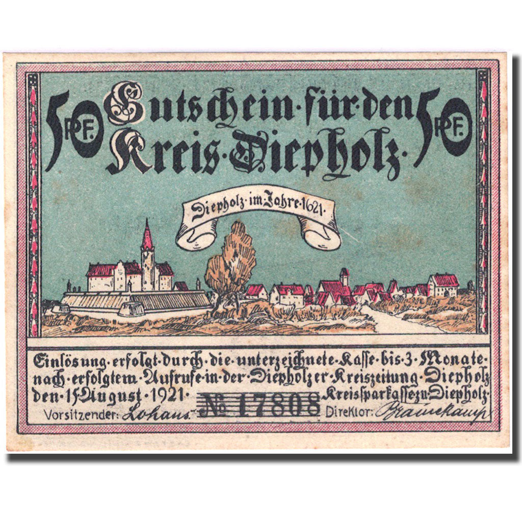 Geldschein, Deutschland, Diepholz, 50 Pfennig, château, 1921 VZ Mehl 273.3a